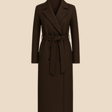 Długi elegancki płaszcz damski z paskiem i kołnierzem