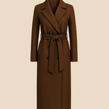Długi elegancki płaszcz damski z paskiem i kołnierzem