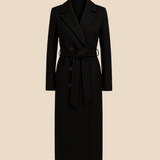 Długi elegancki płaszcz damski z paskiem i kołnierzem