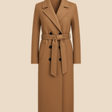 Długi elegancki płaszcz damski z paskiem i kołnierzem