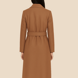 Długi elegancki płaszcz damski z paskiem i kołnierzem