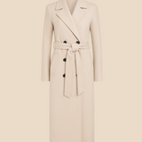 Długi elegancki płaszcz damski z paskiem i kołnierzem