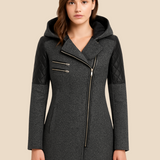 Płaszcz damski z kapturem i zamkiem skośnym