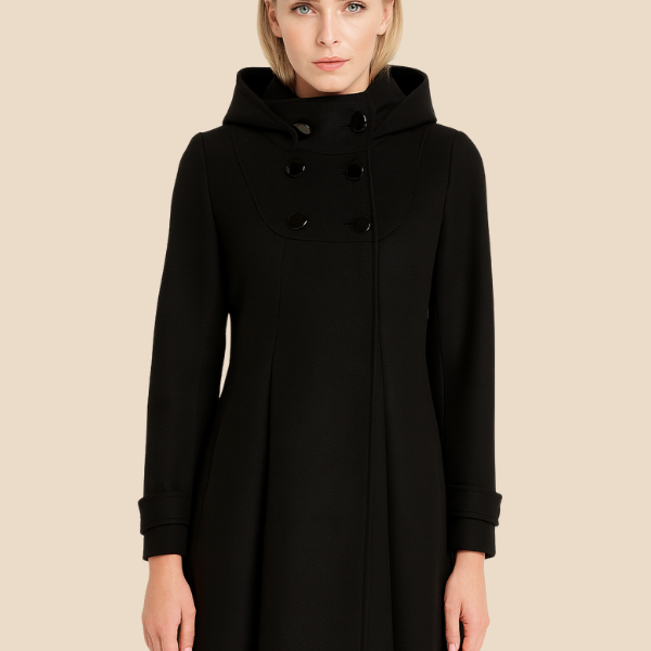 Elegancki płaszcz damski z kapturem i podwójnym zapięciem