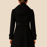 Elegancki płaszcz damski z kapturem i podwójnym zapięciem