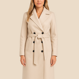 Długi elegancki płaszcz damski z paskiem i kołnierzem