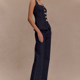 Jeansowy komplet damski z gorsetem i spodniami – elegancki zestaw z guzikami