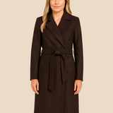 Długi elegancki płaszcz damski z paskiem i kołnierzem