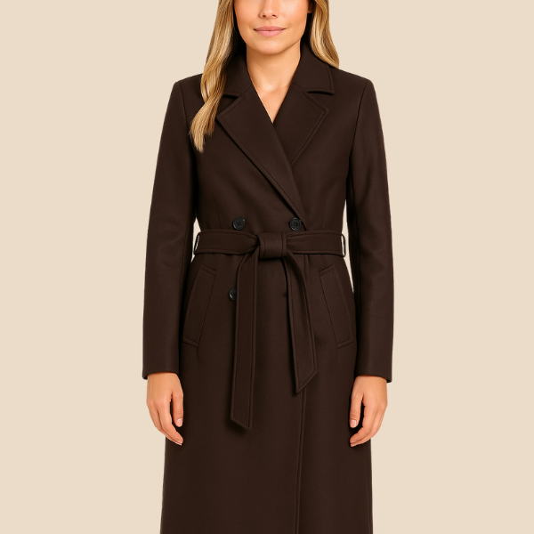 Długi elegancki płaszcz damski z paskiem i kołnierzem