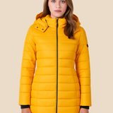 Długa pikowana kurtka damska z kapturem i zamkiem błyskawicznym