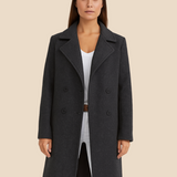 Długi elegancki płaszcz damski dwurzędowy z kołnierzem