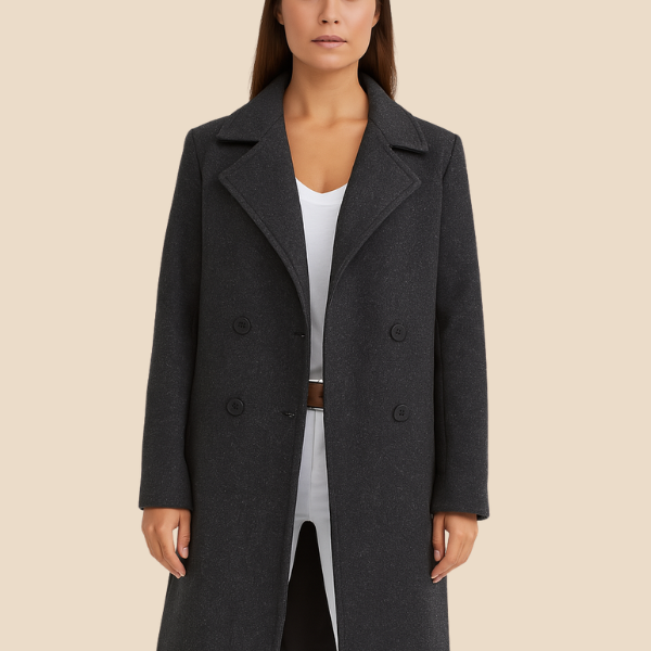 Długi elegancki płaszcz damski dwurzędowy z kołnierzem