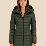 Długa pikowana kurtka damska z kapturem i zamkiem błyskawicznym