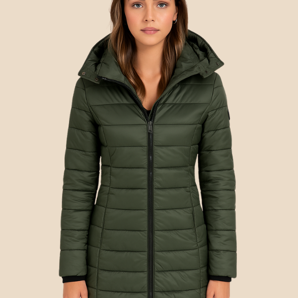 Długa pikowana kurtka damska z kapturem i zamkiem błyskawicznym