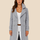 Długi elegancki płaszcz damski dwurzędowy z kołnierzem