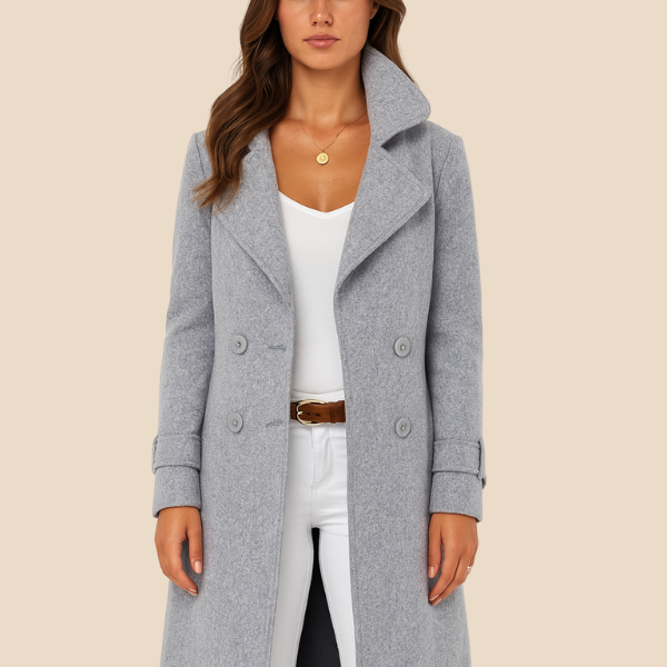 Długi elegancki płaszcz damski dwurzędowy z kołnierzem