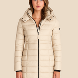 Długa pikowana kurtka damska z kapturem i zamkiem błyskawicznym