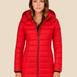 Długa pikowana kurtka damska z kapturem i zamkiem błyskawicznym