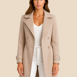 Długi elegancki płaszcz damski dwurzędowy z kołnierzem