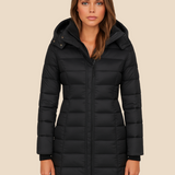 Długa pikowana kurtka damska z kapturem i zamkiem błyskawicznym