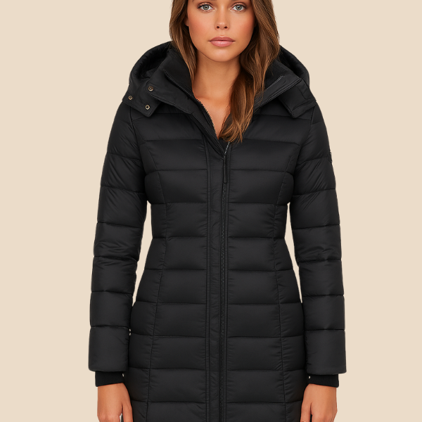 Długa pikowana kurtka damska z kapturem i zamkiem błyskawicznym