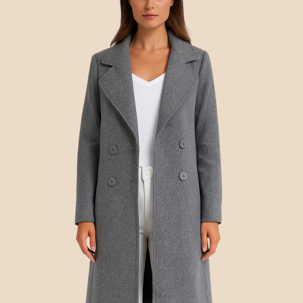 Długi elegancki płaszcz damski dwurzędowy z kołnierzem