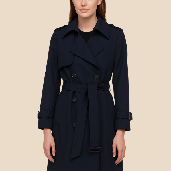 Damski klasyczny trencz z paskiem i klapami