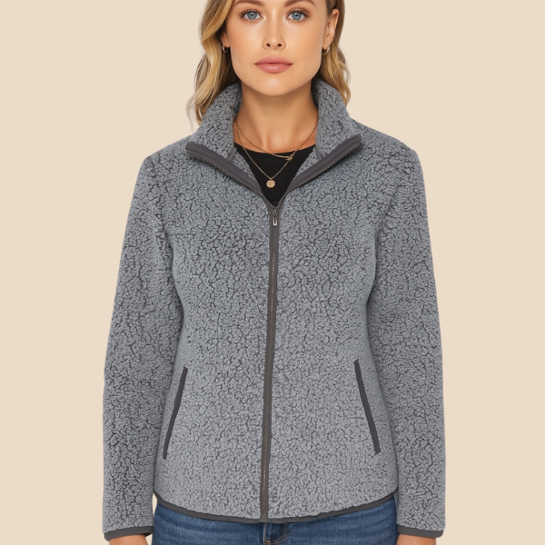 Miękka bluza teddy damska z kołnierzem zapinana na suwak