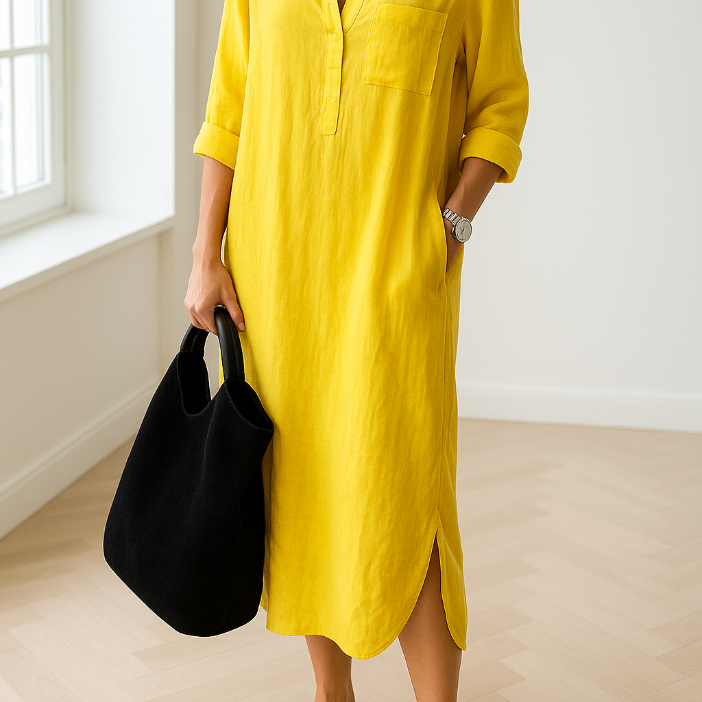 Lniana sukienka koszulowa midi z kieszeniami