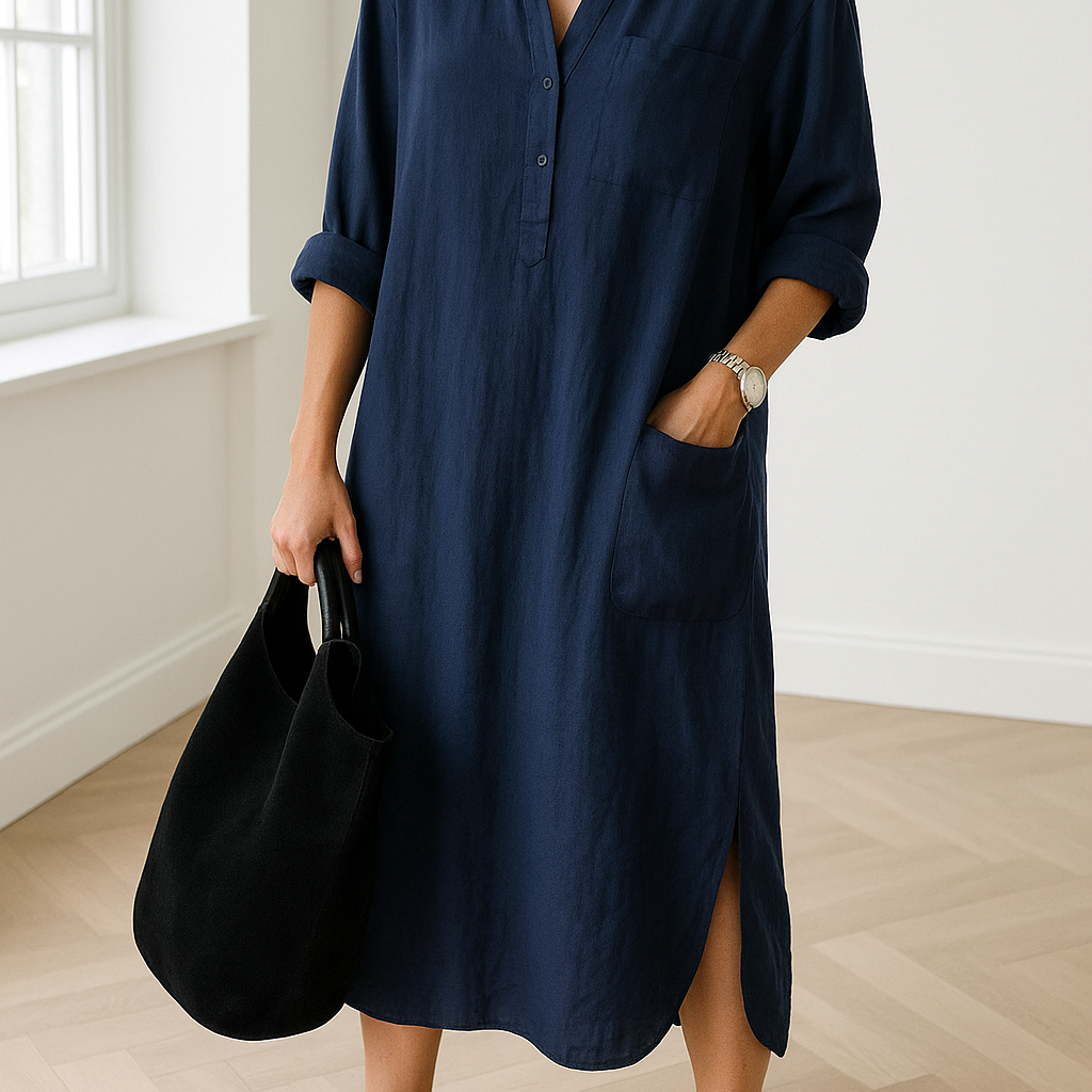 Lniana sukienka koszulowa midi z kieszeniami