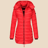 Długa pikowana kurtka damska z kapturem i zamkiem błyskawicznym