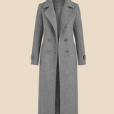 Długi elegancki płaszcz damski dwurzędowy z kołnierzem