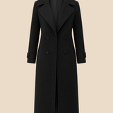 Długi elegancki płaszcz damski dwurzędowy z kołnierzem