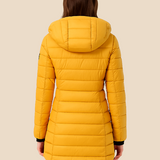 Długa pikowana kurtka damska z kapturem i zamkiem błyskawicznym