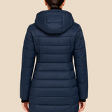 Długa pikowana kurtka damska z kapturem i zamkiem błyskawicznym