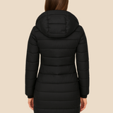 Długa pikowana kurtka damska z kapturem i zamkiem błyskawicznym