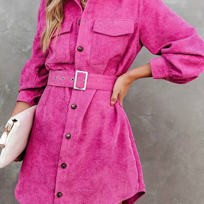 Sukienka sztruksowa koszulowa mini z paskiem w talii