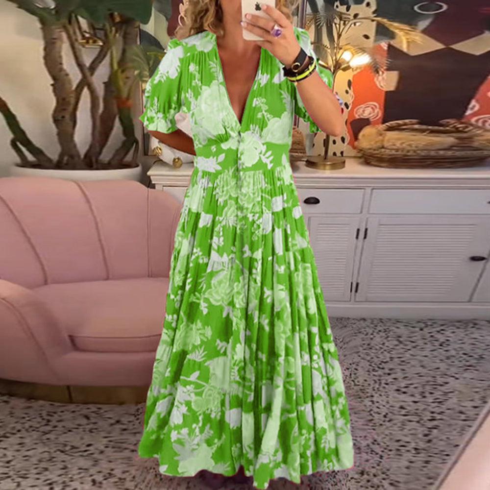 Zwiewna sukienka maxi w kwiaty z dekoltem V – elegancka i kobieca