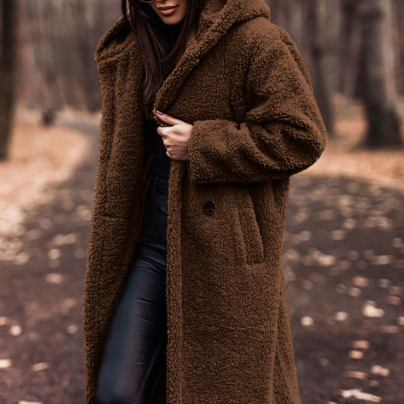 Płaszcz damski teddy z kapturem – ciepły pluszowy płaszcz na zimę