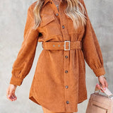 Sukienka sztruksowa koszulowa mini z paskiem w talii