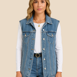 Damska długa kamizelka jeansowa z kieszeniami