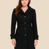 Elegancki płaszcz damski z paskiem i guzikami – stylowy trencz na każdą okazję