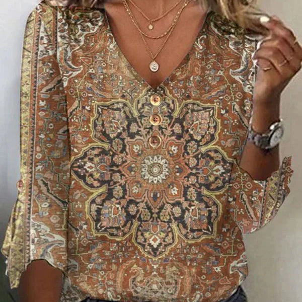 Bluzka damska boho z wzorem etnicznym i dekoltem V