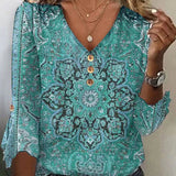 Bluzka damska boho z wzorem etnicznym i dekoltem V