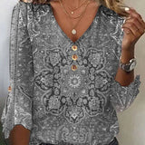 Bluzka damska boho z wzorem etnicznym i dekoltem V