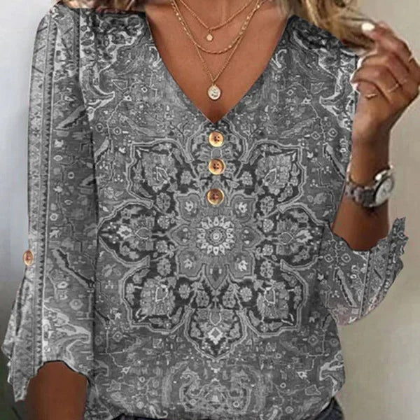 Bluzka damska boho z wzorem etnicznym i dekoltem V
