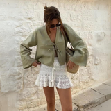 Lniana bluza damska z wiązaniem – lekka narzutka boho