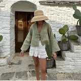 Lniana bluza damska z wiązaniem – lekka narzutka boho