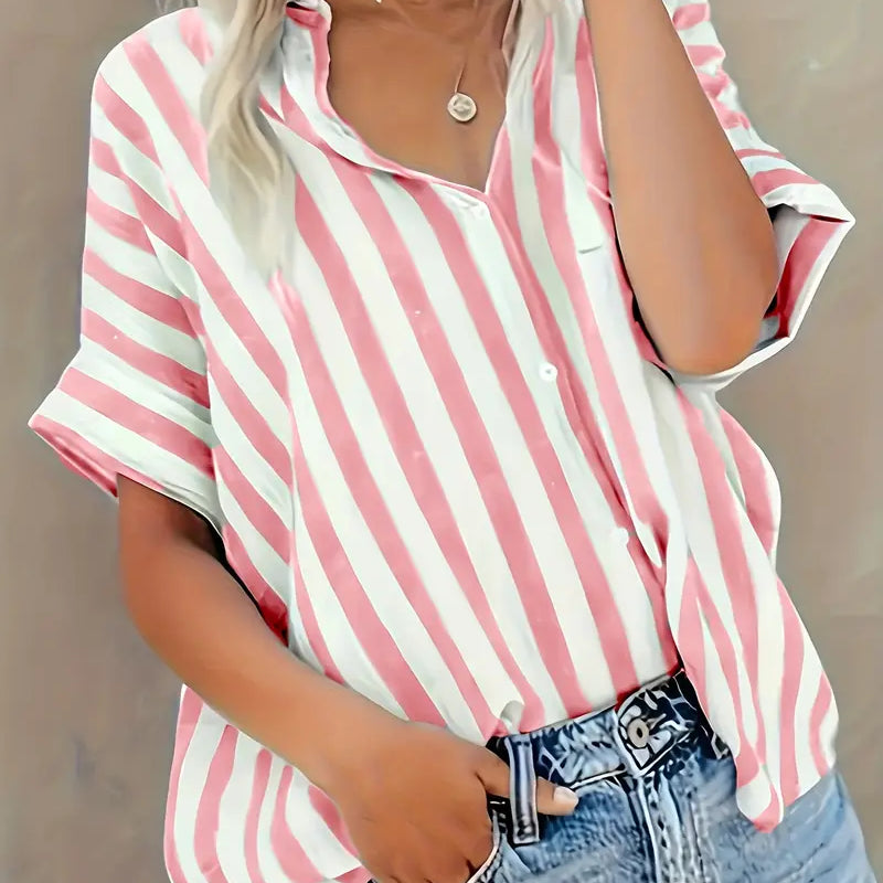 Koszula damska w paski z krótkim rękawem – luźny letni krój