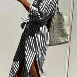 Sukienka koszulowa damska w paski z paskiem